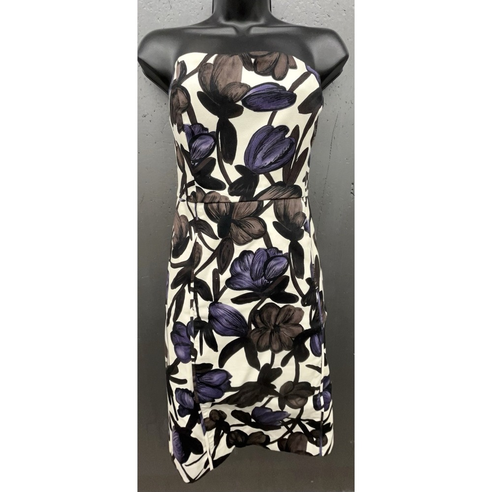 Banana Republic Dress 6 Cream Brown Floral Strapless Cotton Stretch Cocktail